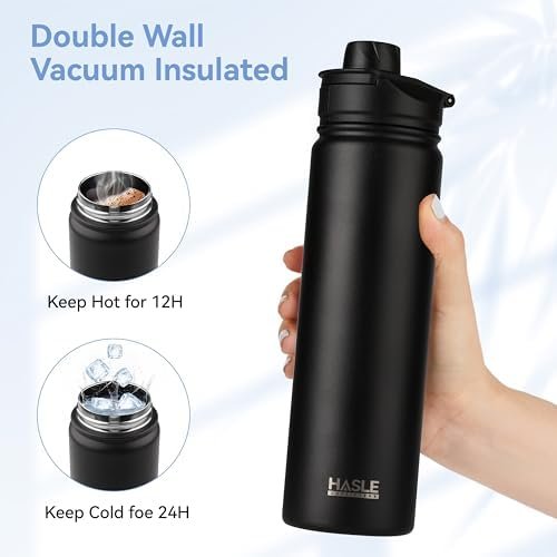 HASLE OUTFITTERS Insulated Water Bottle 22 oz Double Wall Stainless Steel Water Bottle Wide Mouth with Straw Lid & Spout Lid Keeps Cold or Hot(Black,1) - Image 4