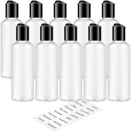 TUZAZO 10 Pack 3.4 oz Travel Bottles for Toiletries TSA Approved Leakproof Travel Size Containers Empty Small Plastic Shampoo Lotion Bottles with Labels (Clear)
