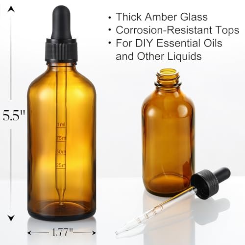 4 Pack 100ml Glass Dropper Bottles with Measured Dropper - 3.4oz Dark Amber Tincture Bottles with Graduated Calibrated Glass Eye Droppers (1ml) for Essential Oils, Liquids - Leakproof Travel Bottles - Image 4