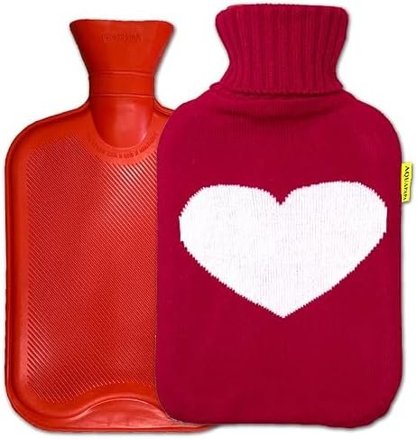 Hot Water Bottle Large Classic Non Toxic Natural Rubber Bag with Heart Red Knit Cover, 2L Pain Relief from Sore Muscle Cramps Injuries Back Pain Warm Cold Therapy, 1/2 Gallon