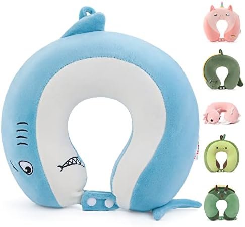 Niuniu Daddy Kids Travel Pillows for 3-8 Y/O -Soft Adjustable Memory Foam Neck Pillows for Airplane, Car Seat, Traveling - Blue Shark Kids Road Trip Essentials for Boys Girls - Shark Neck Pillow