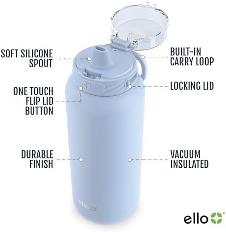 Ello Cooper 32oz Stainless Steel Water Bottle with Straw and Carry Handle, Double Walled and Vacuum Insulated Metal, Leak Proof Locking Lid with Soft Silicone Spout, Reusbale, BPA Free, Halogen Blue - Image 3