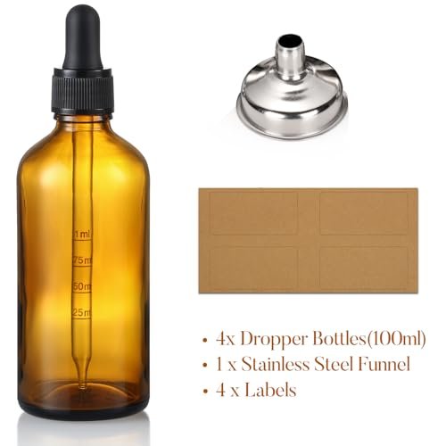 4 Pack 100ml Glass Dropper Bottles with Measured Dropper - 3.4oz Dark Amber Tincture Bottles with Graduated Calibrated Glass Eye Droppers (1ml) for Essential Oils, Liquids - Leakproof Travel Bottles - Image 3