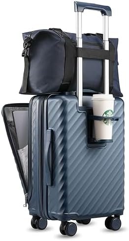 LUGGEX Carry On Luggage with Cup Holder and Front Pocket, Expandable PC Hard Shell Suitcase 2 Piece (Blue, 20/Tote)