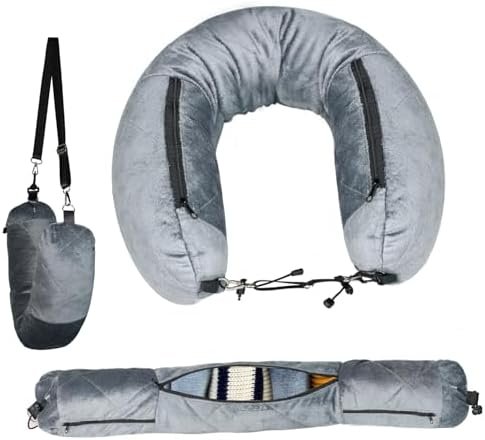 Stuffable Travel Pillow for Extra Luggage, Velvet Travel Neck Pillow with Adjustable Clasp, Fits 3+ Days of Travel Essentials with Two Large Pockets,Multifunctional Sleeping Rest Cushion.