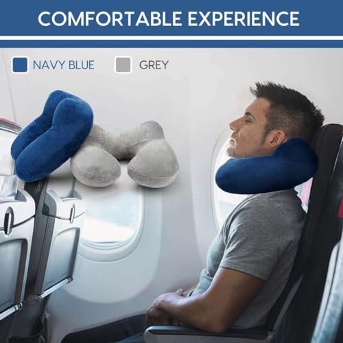 Inflatable Travel Pillow for Airplane Inflatable Neck Pillow for Traveling with Soft Velvet Washable Cover for Sleeping, Airplane,Train, Car, Office, Contoured Eye Masks, Earplugs - Image 2