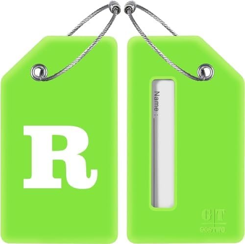 Gostwo 2 Pack Silicone Luggage Tags for Suitcases, 26 Initial Letter Baggage Labels Handbag School Bag Suitcase Instrument Tag with Stainless Steel Loop(Green)(Letter R) - Image 2