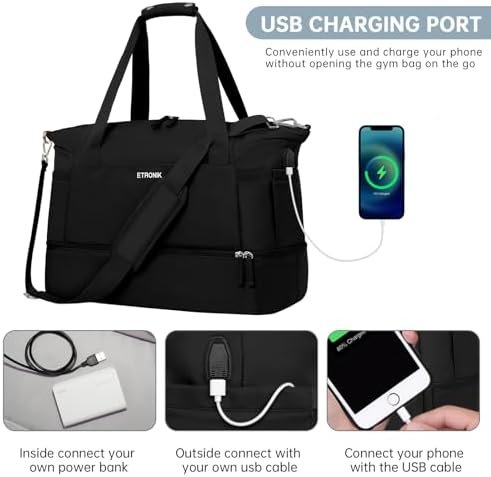 ETRONIK Gym Bag for Women, Travel Duffel Bag with USB Charging Port, Weekender Overnight Bag with Wet Pocket and Shoes Compartment for Women, Travel, Gym, Yoga (Black) - Image 5