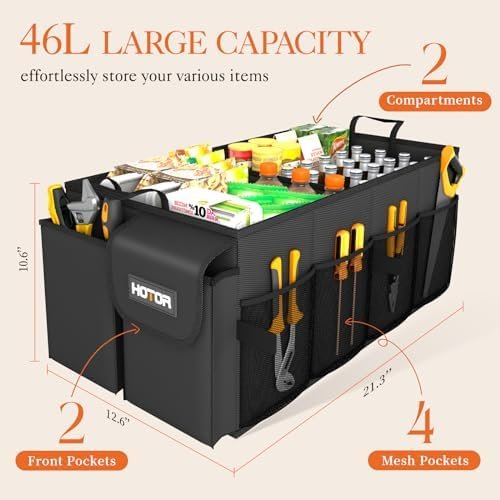 HOTOR Trunk Organizer for Car - Large-Capacity Car Organizer, Foldable Trunk organizer for SUVs & Sedans, Sturdy Car Organization for Car Accessories, Tools, Sundries, Black, 2 Compartments - Image 2