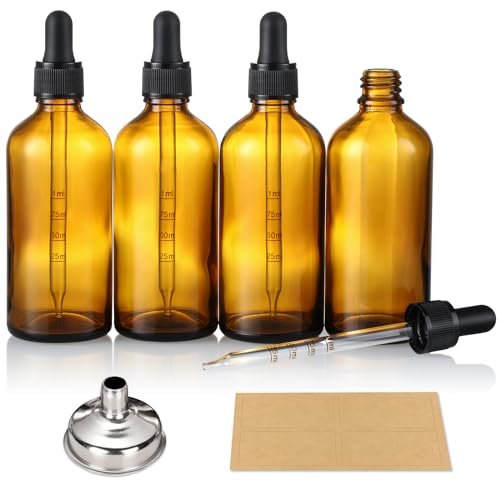 4 Pack 100ml Glass Dropper Bottles with Measured Dropper - 3.4oz Dark Amber Tincture Bottles with Graduated Calibrated Glass Eye Droppers (1ml) for Essential Oils, Liquids - Leakproof Travel Bottles - Image 9