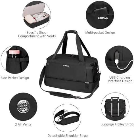 ETRONIK Gym Bag for Women, Travel Duffel Bag with USB Charging Port, Weekender Overnight Bag with Wet Pocket and Shoes Compartment for Women, Travel, Gym, Yoga (Black) - Image 4
