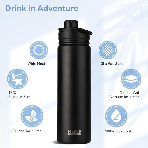 HASLE OUTFITTERS Insulated Water Bottle 22 oz Double Wall Stainless Steel Water Bottle Wide Mouth with Straw Lid & Spout Lid Keeps Cold or Hot(Black,1) - Image 2