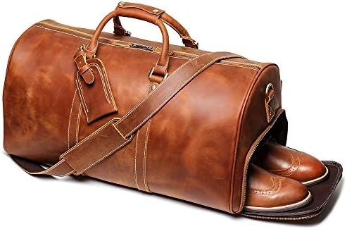 Leather Travel Duffel Bag, Mens Classic Gift Leather Weekend Bag Overnight Full Grain Retro Sport Gym Carry on Luggage YKK Zipper (Brown)