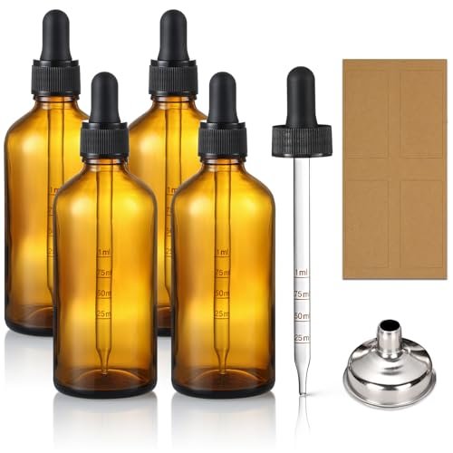 4 Pack 100ml Glass Dropper Bottles with Measured Dropper - 3.4oz Dark Amber Tincture Bottles with Graduated Calibrated Glass Eye Droppers (1ml) for Essential Oils, Liquids - Leakproof Travel Bottles