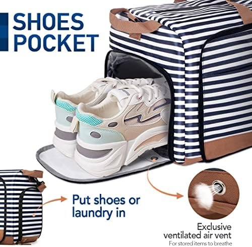 Lekesky Foldable Travel Duffle Bag for Women, 80L Large Duffel Bag with Separate Shoes Compartments & Straps, Carry On Weekend Bag for Women, Hospital, Overnight (Blue Stripes) - Image 4