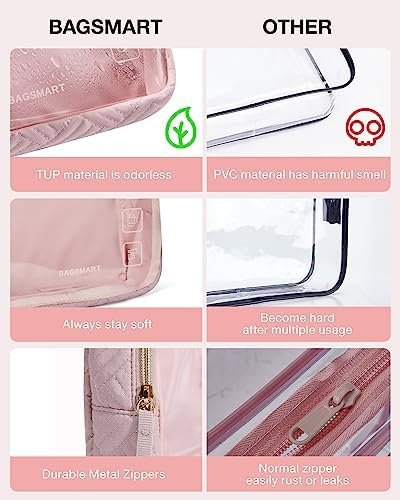 BAGSMART TSA Approved Toiletry Bag, 2 Pack Clear Makeup Cosmetic Bag Organizer, Quart Size Travel Bag for Toiletries, Carry-on Travel Accessories Essentials - Pink - Image 3
