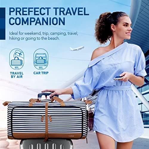 Lekesky Foldable Travel Duffle Bag for Women, 80L Large Duffel Bag with Separate Shoes Compartments & Straps, Carry On Weekend Bag for Women, Hospital, Overnight (Blue Stripes) - Image 2