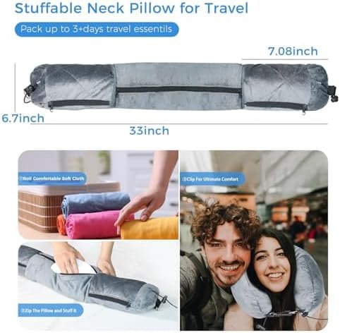 Stuffable Travel Pillow for Extra Luggage, Velvet Travel Neck Pillow with Adjustable Clasp, Fits 3+ Days of Travel Essentials with Two Large Pockets,Multifunctional Sleeping Rest Cushion. - Image 5