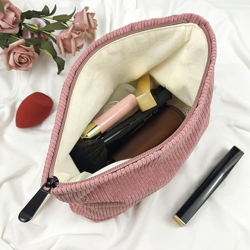Women's Corduroy Cosmetic Bag, Large Capacity Canvas Cosmetic Bag Travel Toiletry Bag Accessories Organizer, Pink - Image 4