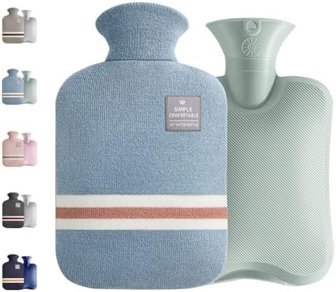 Large Hot Water Bottle with Knitted Cover, 2L Large Capacity Hot Water Bag with Removable and Washable Soft Cover for Pain Relief, Neck and Shoulders, Great Gift for Women, Men, Kids (2L-Blue+Green)
