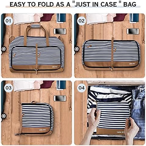 Lekesky Foldable Travel Duffle Bag for Women, 80L Large Duffel Bag with Separate Shoes Compartments & Straps, Carry On Weekend Bag for Women, Hospital, Overnight (Blue Stripes) - Image 7