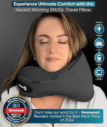 SNUGL Neck Travel Pillow - Memory Foam Airplane Pillow - Flight Pillow | Neck Support Travel Pillow with Carry Bag & Clip | Neck Pillows for Sleeping Travel Plane | Flying Travel Essentials, Dark Grey - Image 2