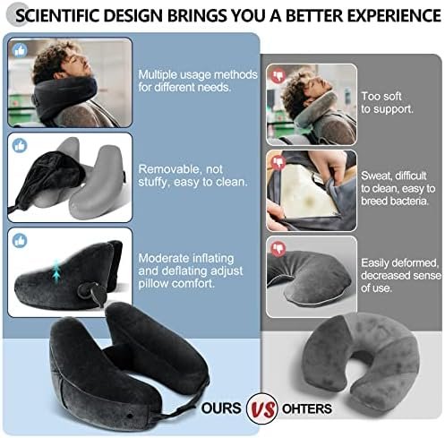 Neck Pillow for Travel Inflatable Airplane Pillow Comfortably Supports Head, Neck and Chin, Inflatable Travel Pillow with Soft Velour Cover and Portable Drawstring Bag (Black) - Image 6