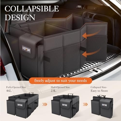 HOTOR Trunk Organizer for Car - Large-Capacity Car Organizer, Foldable Trunk organizer for SUVs & Sedans, Sturdy Car Organization for Car Accessories, Tools, Sundries, Black, 2 Compartments - Image 4