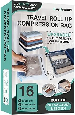 16 Roll Up Travel Compression Bags, Hand Roll Space Saver bags No Vacuum Needed (6 Large Roll/6 Medium Roll/4 Small Roll)