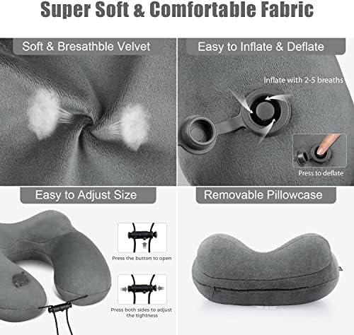 urophylla Inflatable Travel Pillows for Airplanes, Soft Velvet Inflatable Neck Pillow with 3D Contoured Eye Masks, Blow Up Pillow for Traveling, Trains, Cars, Travel Accessories, Large(Grey) - Image 4