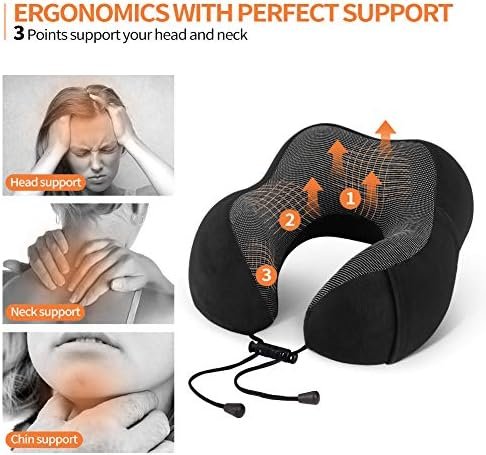 Travel Pillow 100% Memory Foam Pillow, Neck Pillow for Airplane, Neck & Head Support Pillow for Sleeping Rest & Car, Travel Pillows Kit with Storage Bag, Sleep Mask and Earplugs Black - Image 3