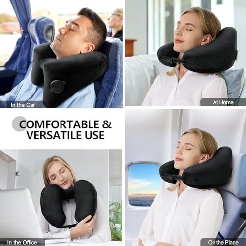 Neck Pillow for Travel Inflatable Airplane Pillow Comfortably Supports Head, Neck and Chin, Inflatable Travel Pillow with Soft Velour Cover and Portable Drawstring Bag (Black) - Image 2