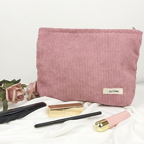 Women's Corduroy Cosmetic Bag, Large Capacity Canvas Cosmetic Bag Travel Toiletry Bag Accessories Organizer, Pink - Image 3