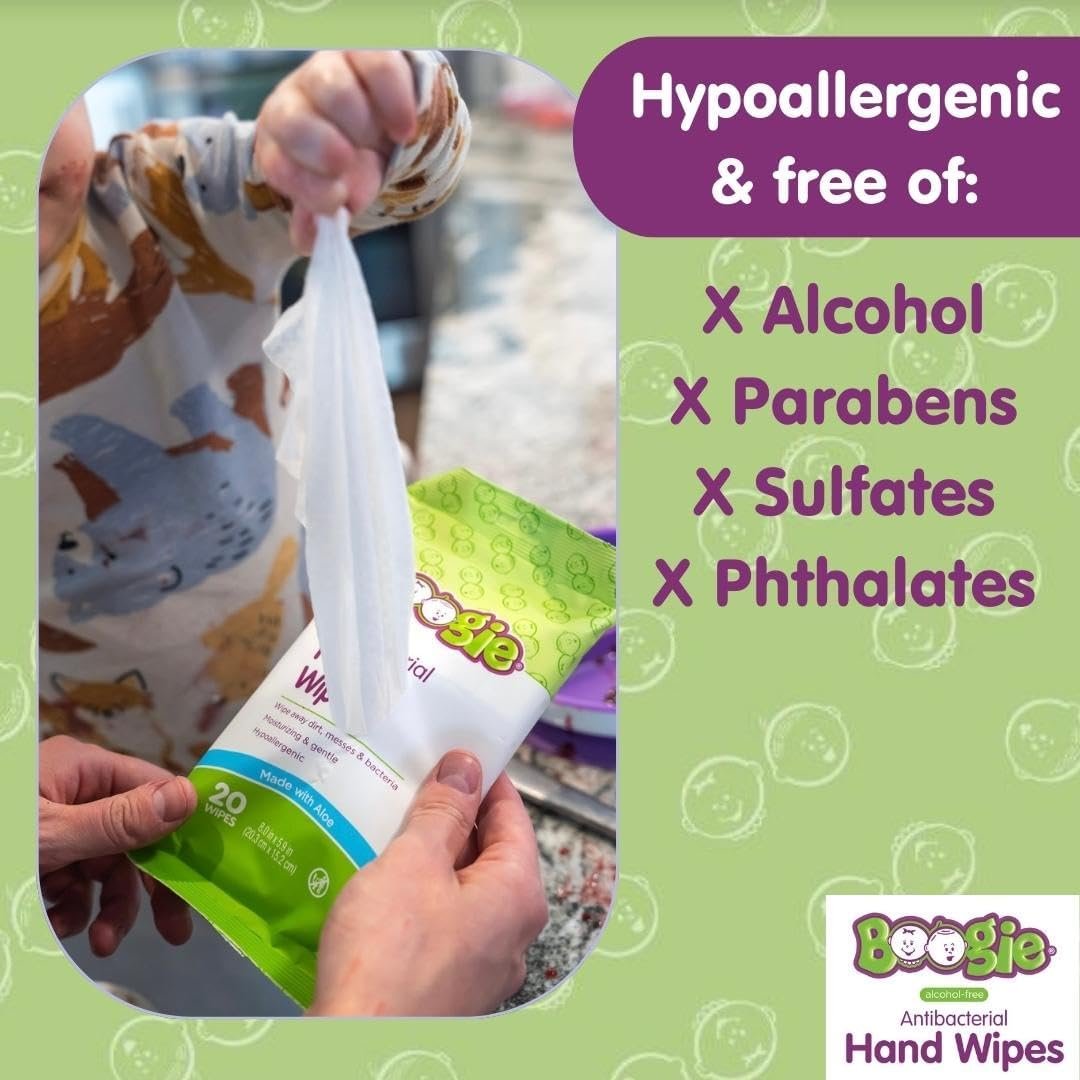 Antibacterial Hand Wipes by Boogie, Alcohol Free, Hypoallergenic and Moisturizing Aloe, Hand Wipes for Kids and Adults, 5 Packs of 20 (100 Total Wipes) - Image 3