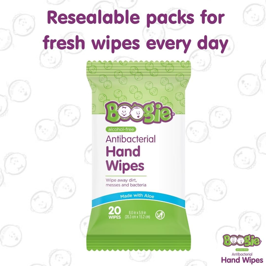 Antibacterial Hand Wipes by Boogie, Alcohol Free, Hypoallergenic and Moisturizing Aloe, Hand Wipes for Kids and Adults, 5 Packs of 20 (100 Total Wipes) - Image 6