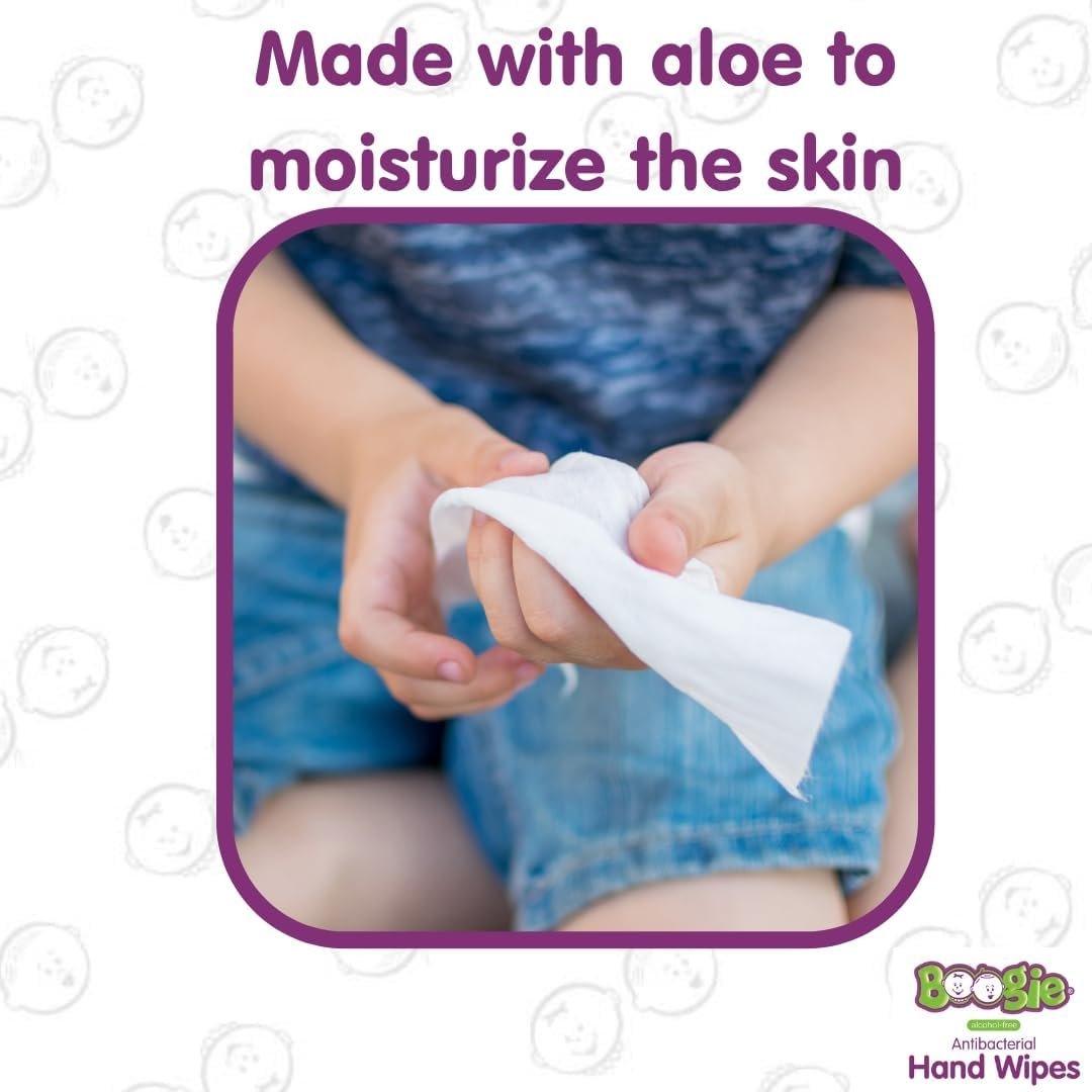 Antibacterial Hand Wipes by Boogie, Alcohol Free, Hypoallergenic and Moisturizing Aloe, Hand Wipes for Kids and Adults, 5 Packs of 20 (100 Total Wipes) - Image 4
