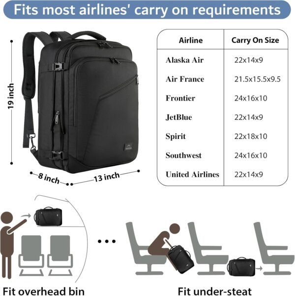 MATEIN Carry on Backpack, Extra Large Travel Backpack Expandable Airplane Approved Weekender Bag for Men and Women, Water Resistant Lightweight Daypack for Flight 40L, Black - Image 2