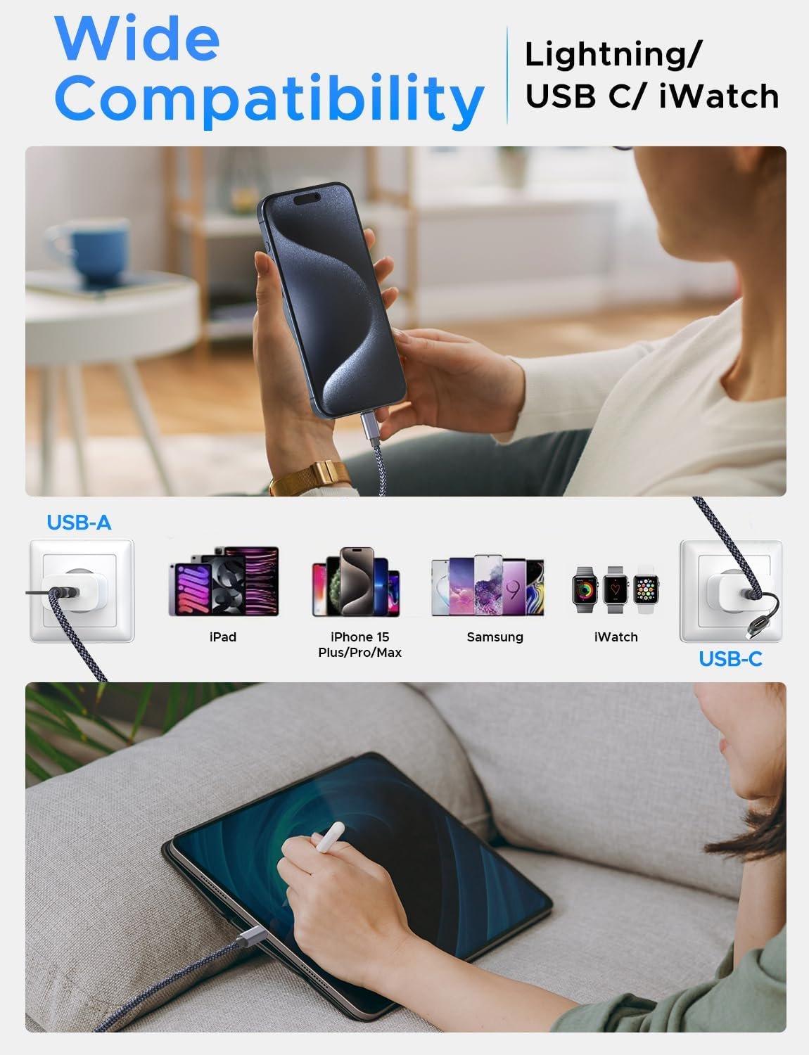 Upgraded 3 in 2 USB C Cable for Apple Watch Charger iPhone Charger USB C Multi Fast Charging Cable Compatible with iWatch Ultra/SE/9/8/7/6/5/4/3/2/1 & iPhone 15/14/13/12/11/Galaxy S23-4FT - Image 5