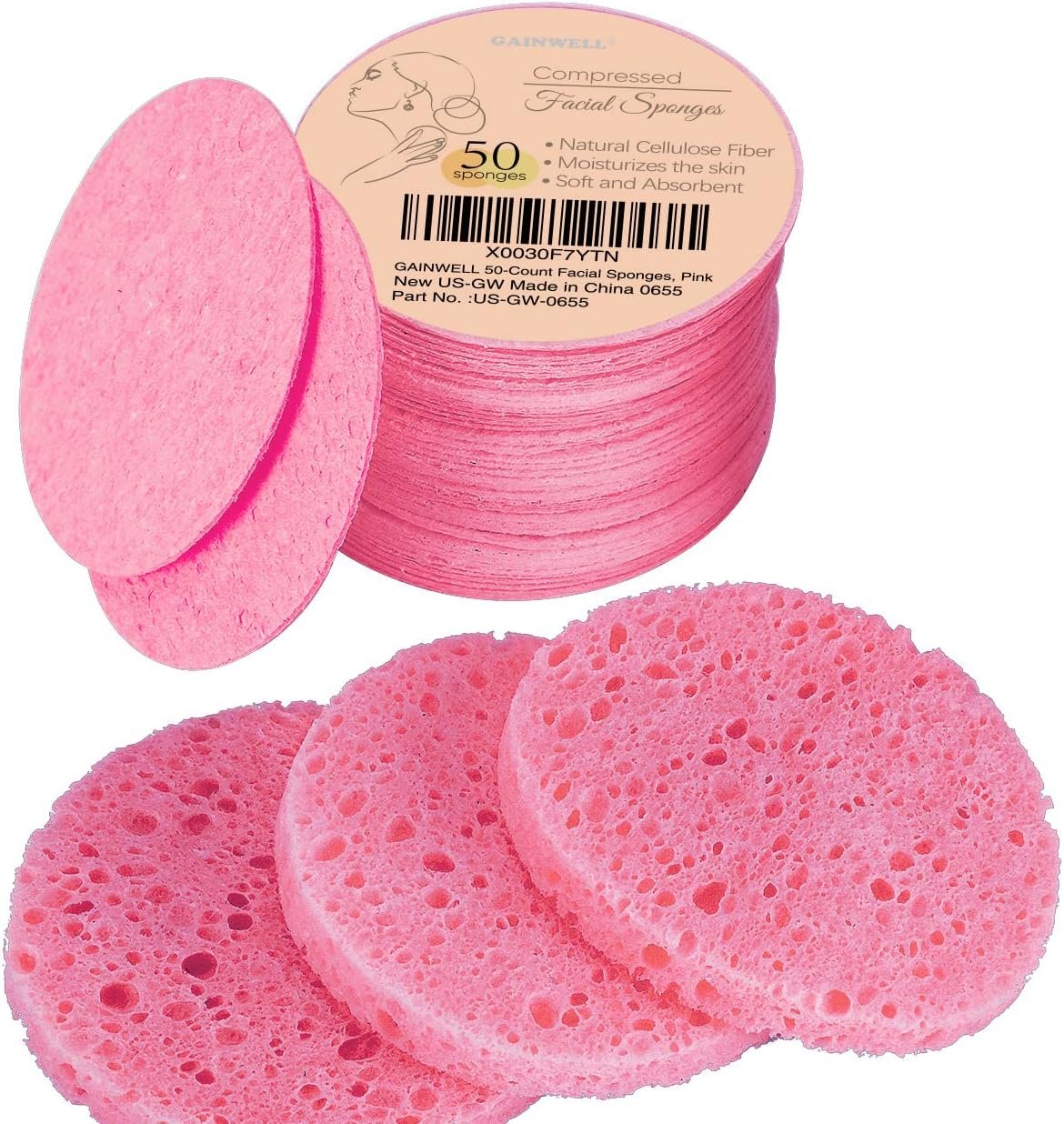 50-Count Compressed Facial Sponges for Daily Facial Cleansing and Exfoliating, 100% Natural Cosmetic Spa Sponges for Makeup Remover, Reusable, Pink