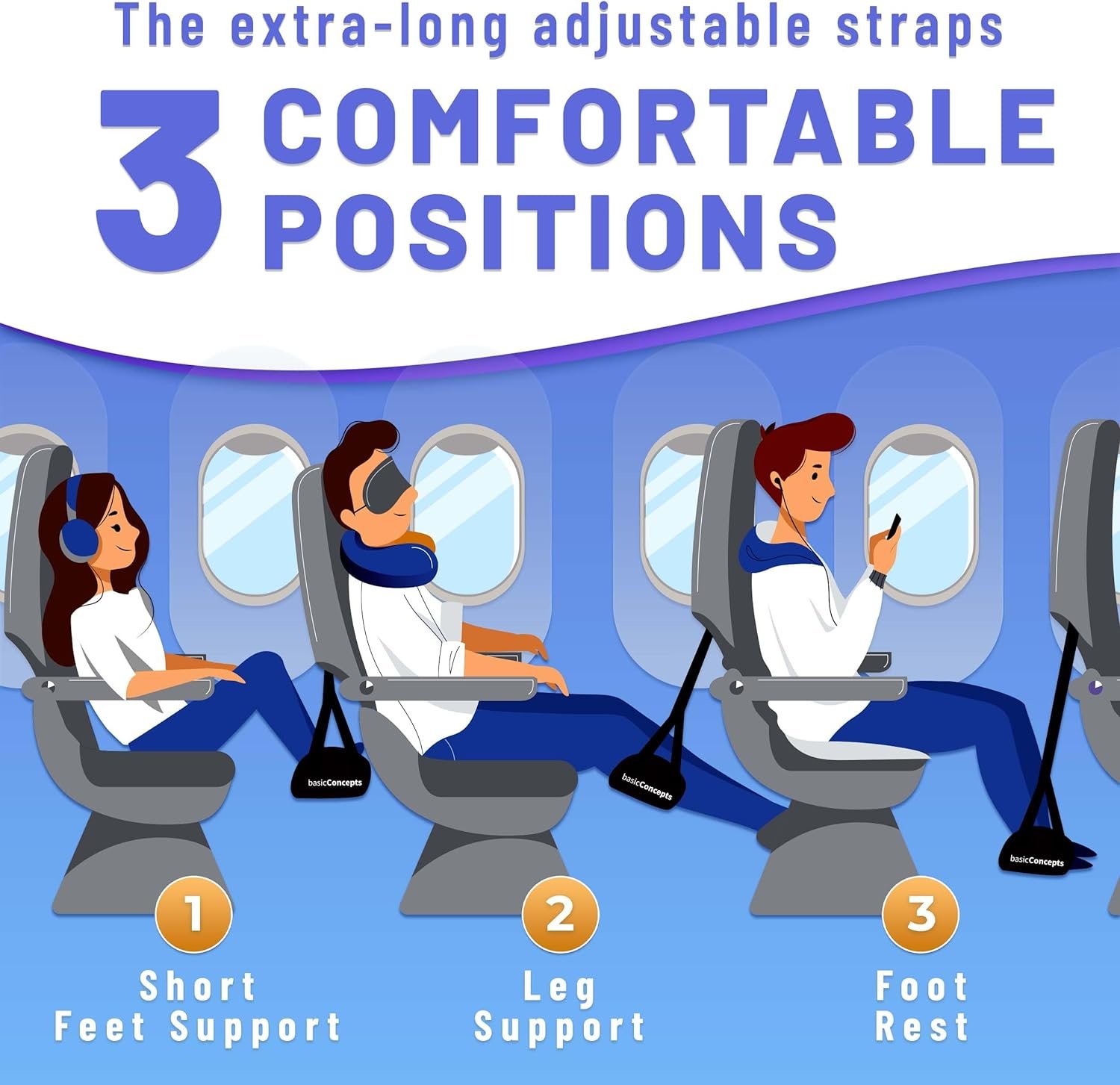 Footrest (Memory Foam), Black, Adjustable Foot Hammock for Airplane Travel Accessories, Desk Foot Hammock, Travel Foot Rest, Comfy Foot Hanger Airplane - Image 2