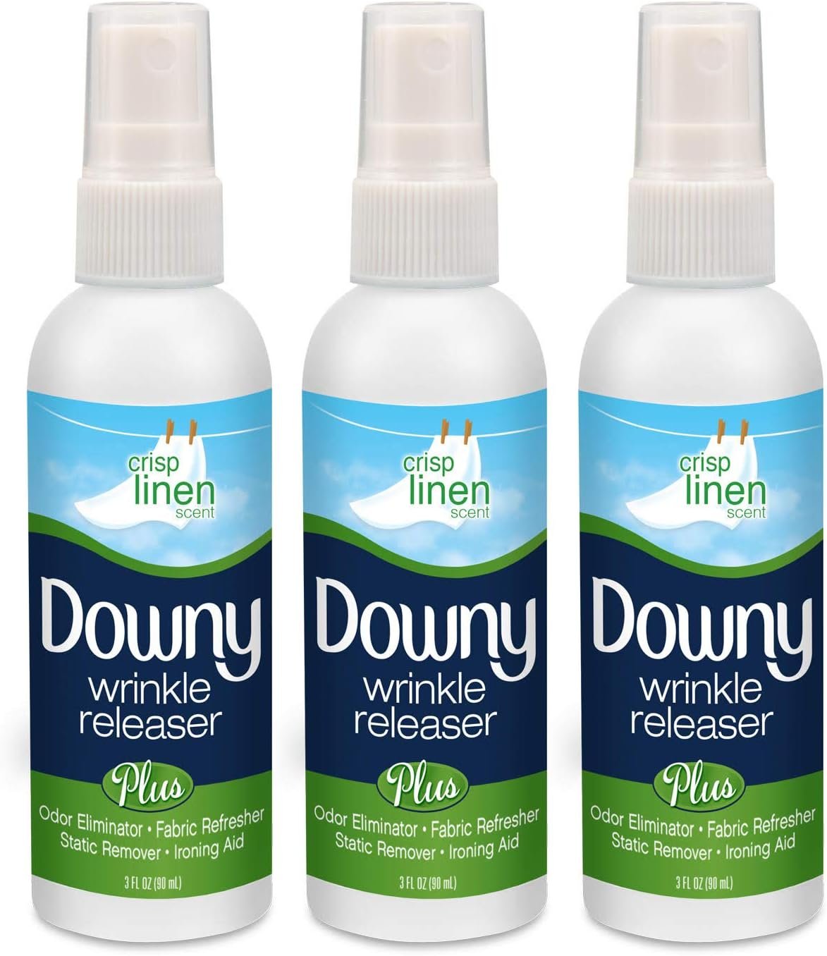 Downy Wrinkle Releaser Spray | All In One Wrinkle Release Spray Travel Size, Odor Eliminator, Static Remover | Fabric Refresher & Ironing Aid for Clothes | 3 Fl Oz (Pack of 3), Crisp Linen Scent