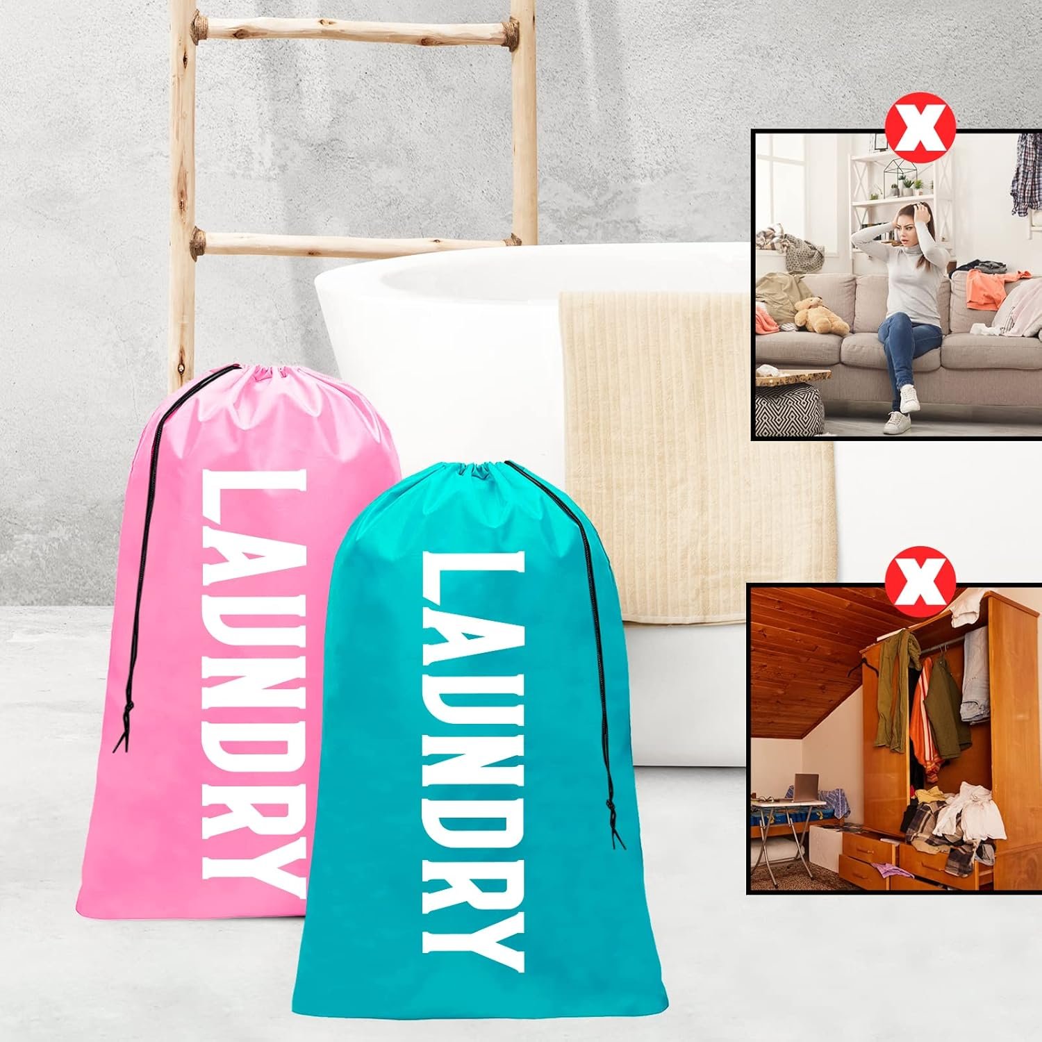Fiodrmy 2 Pack XL Laundry Bag, Machine Washable Dirty Clothes Organizer, Large Enough to Hold 4 Loads of Laundry, Easy Fit a Laundry Basket (Pink+Blue, 24" x 36") - Image 7
