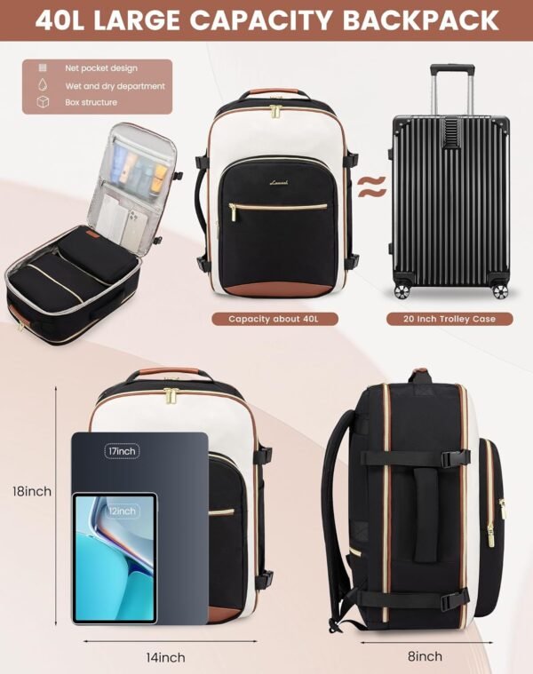 LOVEVOOK Large Travel Backpack for Women & Men, 40L Carry on Backpack for Airplanes, TSA Personal Item Travel Bag fits 17" Laptop, Waterproof Travel Essentials Airline Approved with 3 Packing Cubes - Image 4