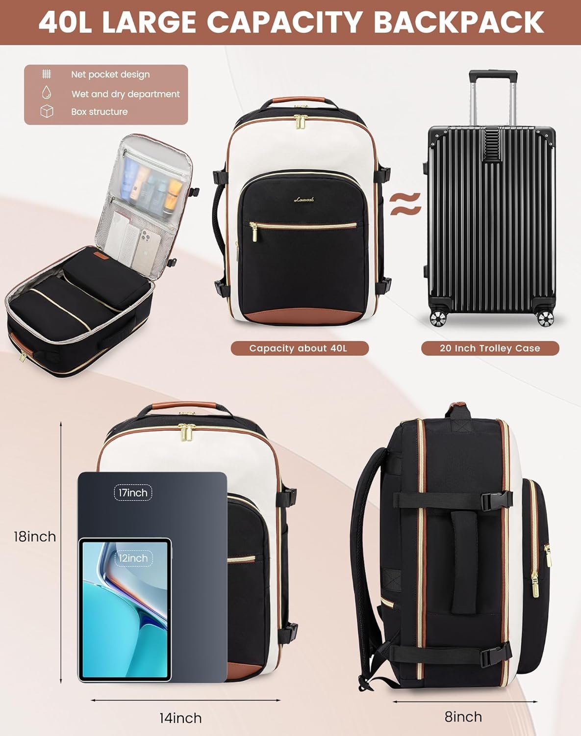 LOVEVOOK Large Travel Backpack for Women & Men, 40L Carry on Backpack for Airplanes, TSA Personal Item Travel Bag fits 17" Laptop, Waterproof Travel Essentials Airline Approved with 3 Packing Cubes - Image 4
