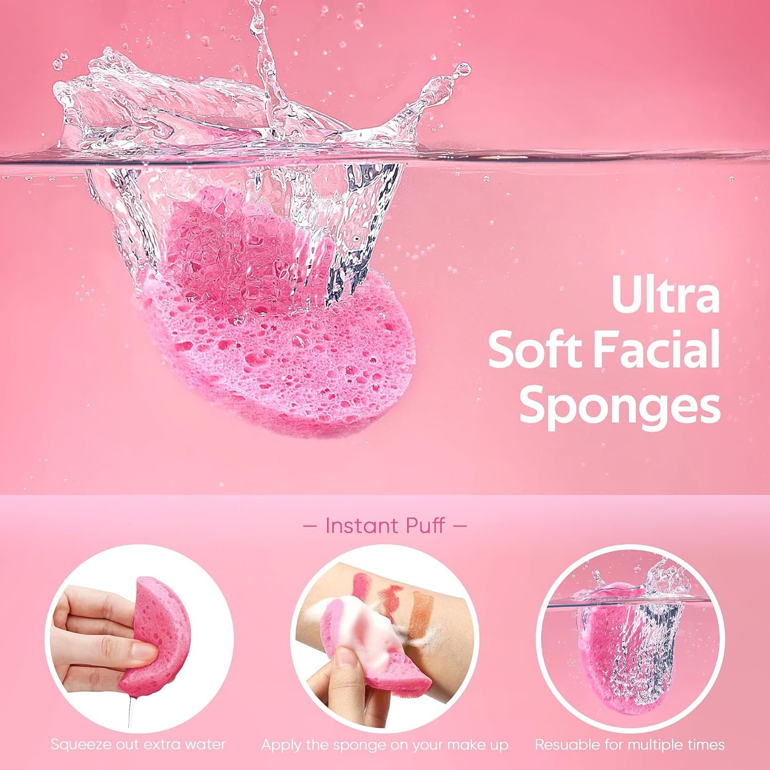 50-Count Compressed Facial Sponges for Daily Facial Cleansing and Exfoliating, 100% Natural Cosmetic Spa Sponges for Makeup Remover, Reusable, Pink - Image 2