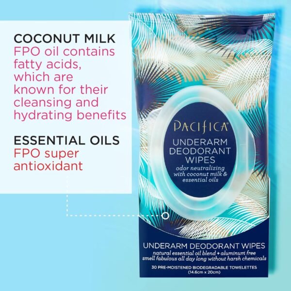 Pacifica Beauty, Coconut Milk & Essential Oils Underarm Deodorant Wipes, 30 Count, Remove Odor On-The-Go, Aluminum Free, Travel Friendly, Fresh Coconut Scent, Vegan and Cruelty Free - Image 6