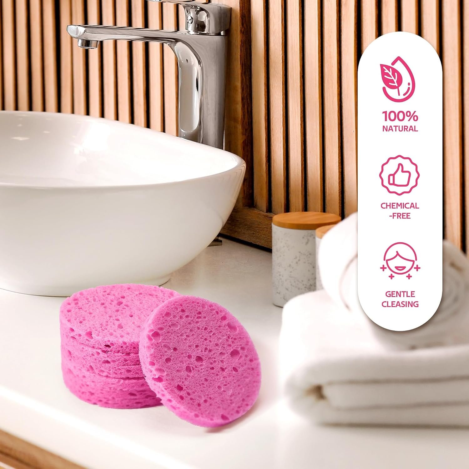 50-Count Compressed Facial Sponges for Daily Facial Cleansing and Exfoliating, 100% Natural Cosmetic Spa Sponges for Makeup Remover, Reusable, Pink - Image 7