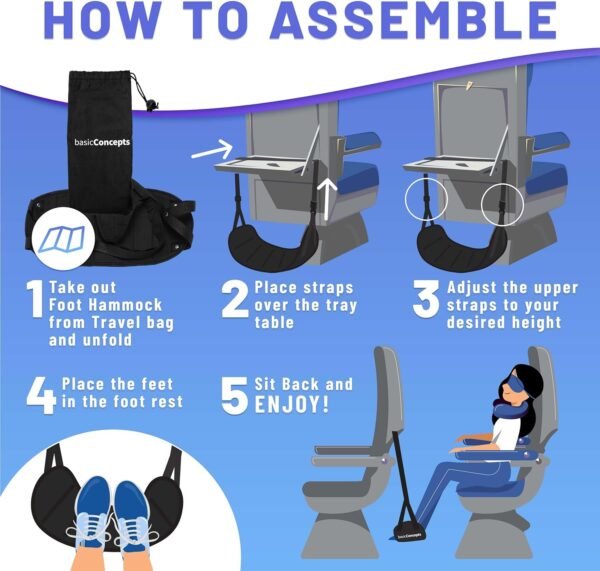 Footrest (Memory Foam), Black, Adjustable Foot Hammock for Airplane Travel Accessories, Desk Foot Hammock, Travel Foot Rest, Comfy Foot Hanger Airplane - Image 5