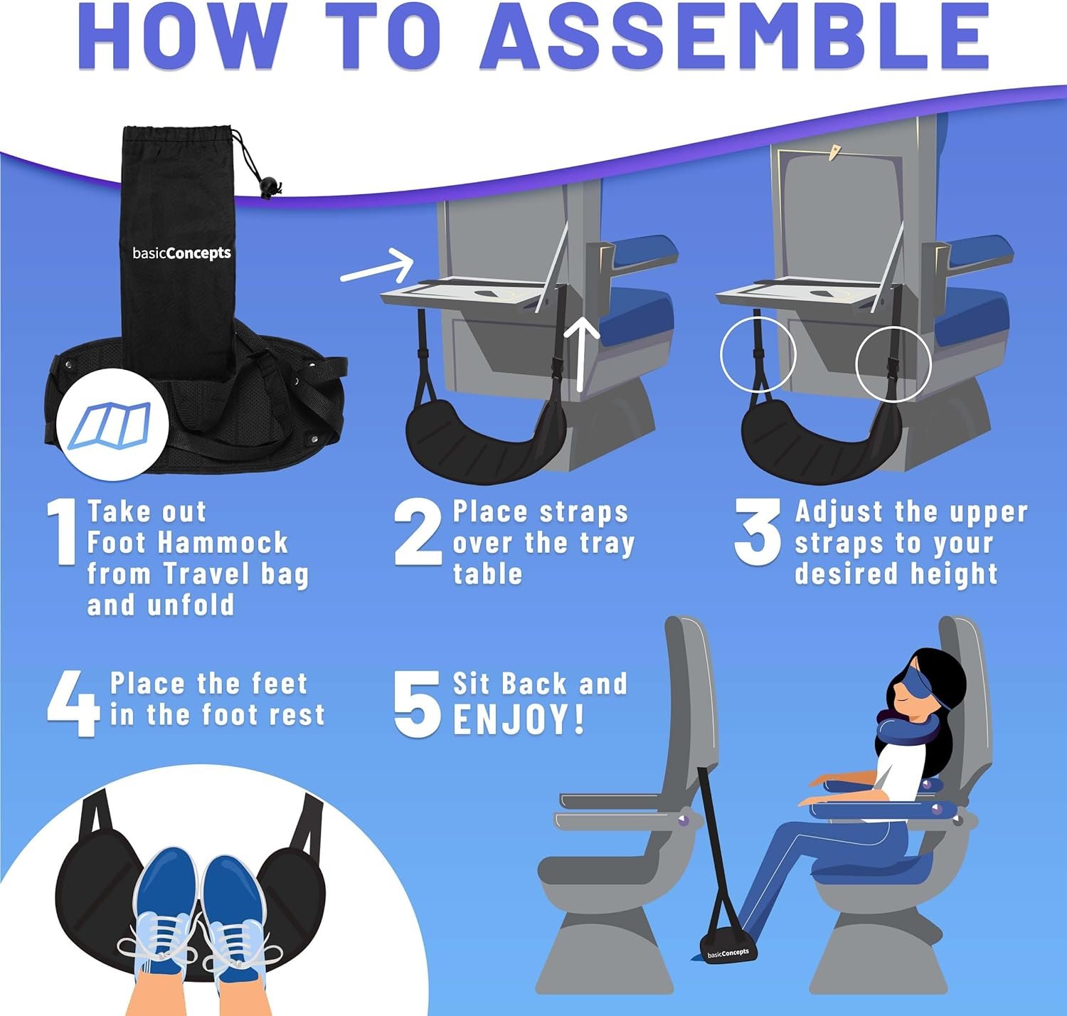 Footrest (Memory Foam), Black, Adjustable Foot Hammock for Airplane Travel Accessories, Desk Foot Hammock, Travel Foot Rest, Comfy Foot Hanger Airplane - Image 5