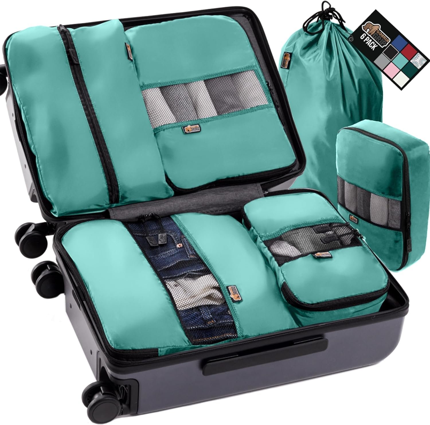 Gorilla Grip 6 Set Packing Cubes, Travel Essentials for Suitcases, Breathable Mesh Organizer Bags for Clothes Toiletries Shoes and Laundry, Luggage and Backpack Carry On Airplane Accessories Turquoise